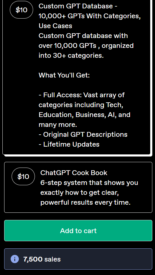 10,000+ GPT Prompts Database live listing screenshot
