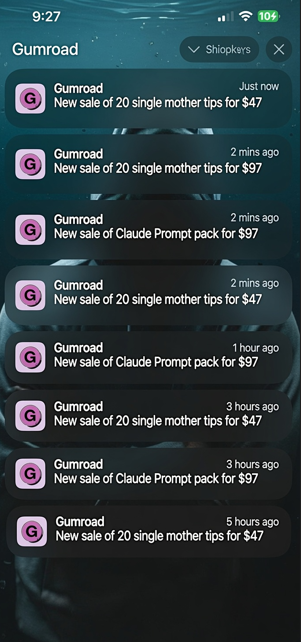 iPhone notifications showing real Gumroad sales of digital products at $47 and $97